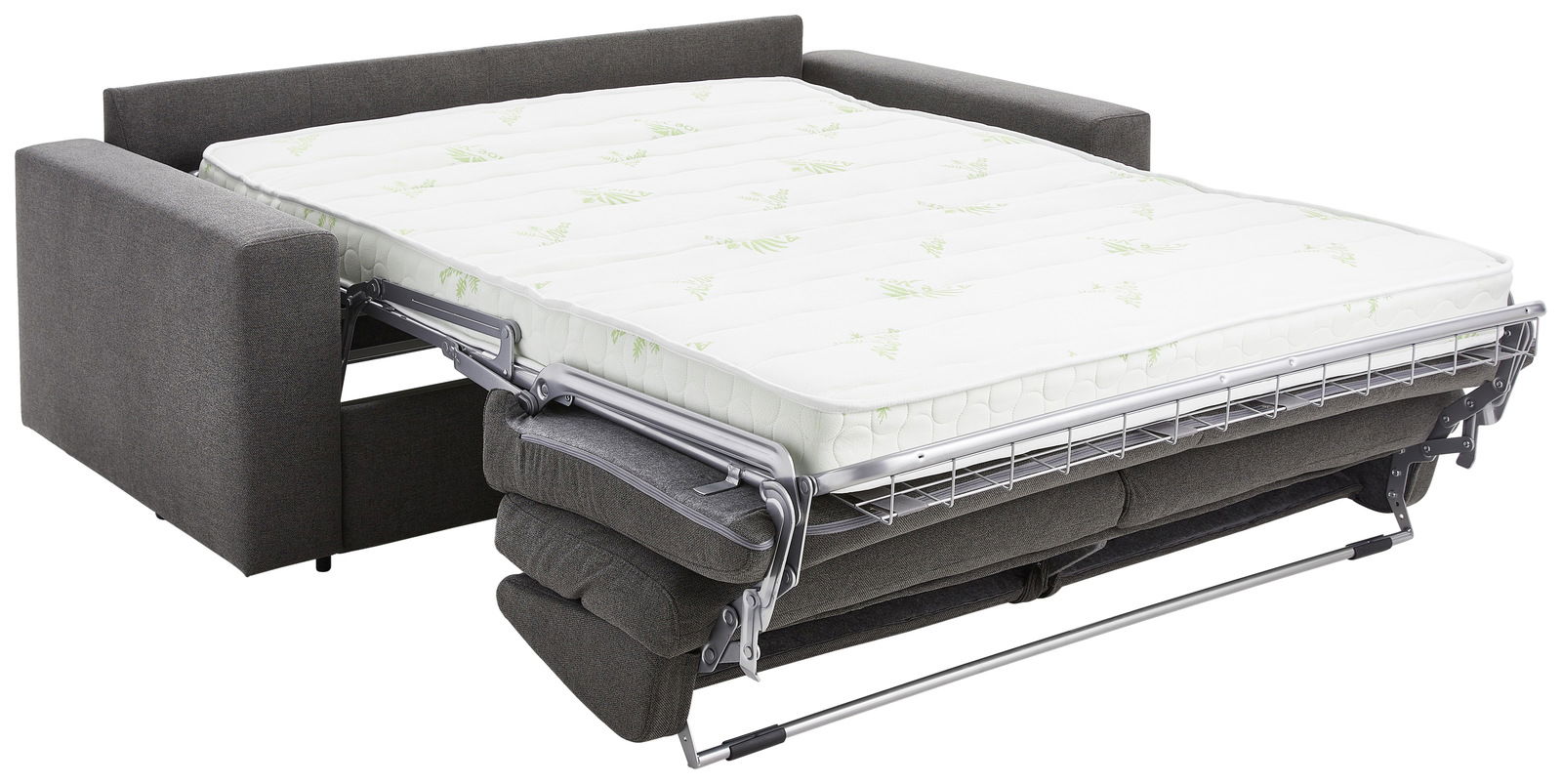 Funktionssofa in ausgeklappter Position mit Matratze, seitliche Perspektive