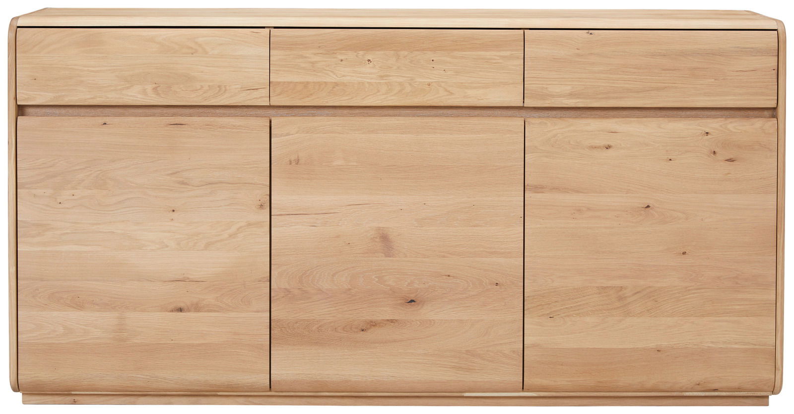 Frontansicht eines modernen Sideboards aus hellem Holz mit drei Schubladen oben und drei Türen unten.