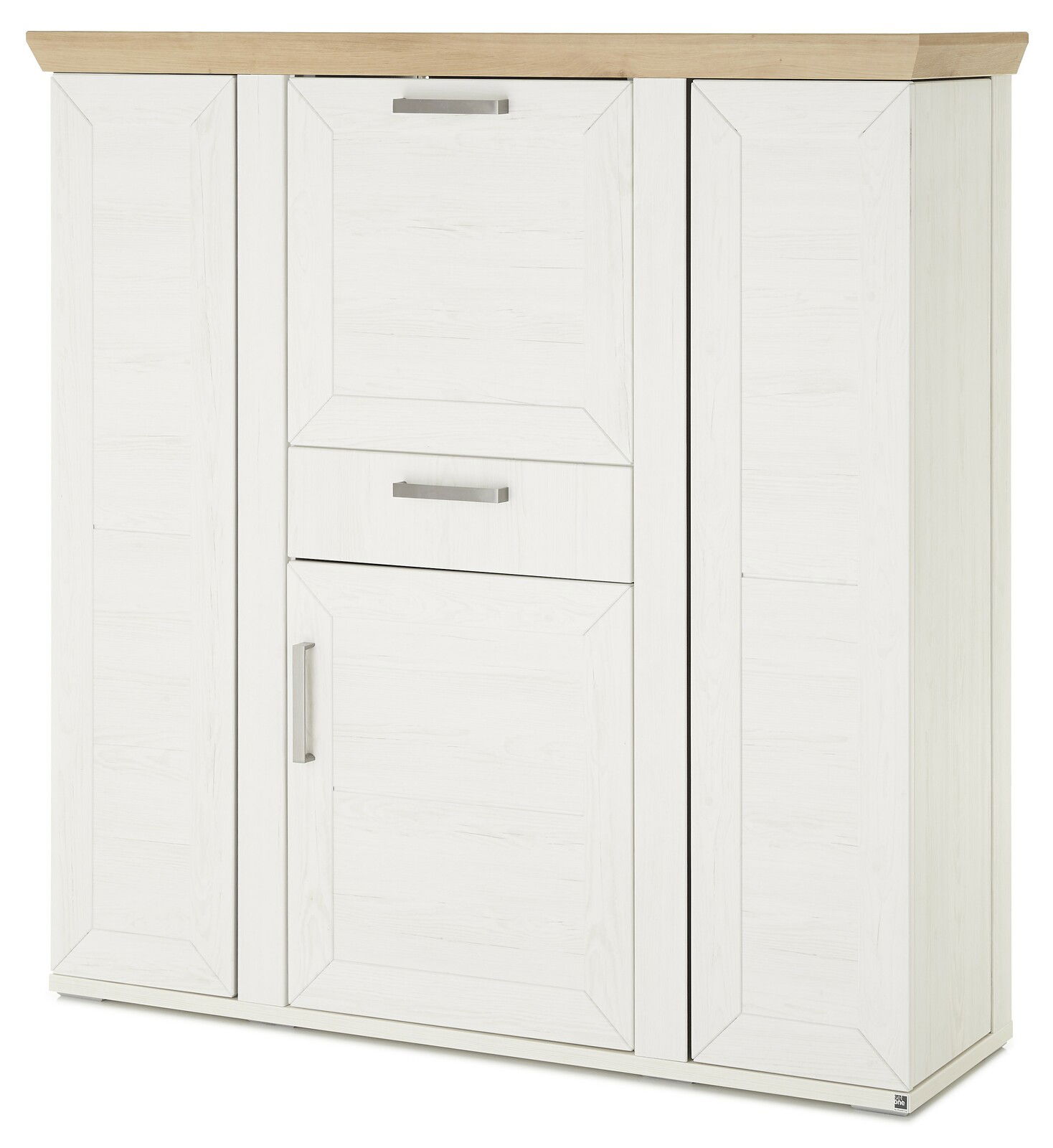 Weißes Highboard mit Holzplatte und silbernen Griffen, Frontalansicht