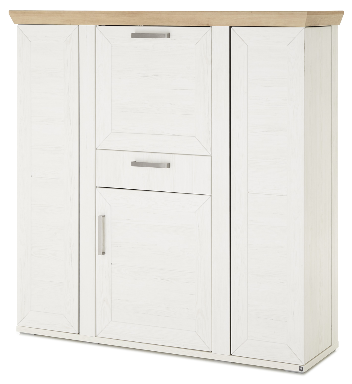 Weißes Highboard mit Holzplatte und silbernen Griffen, Frontalansicht