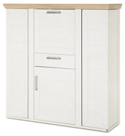 Weißes Highboard mit Holzplatte und silbernen Griffen, Frontalansicht