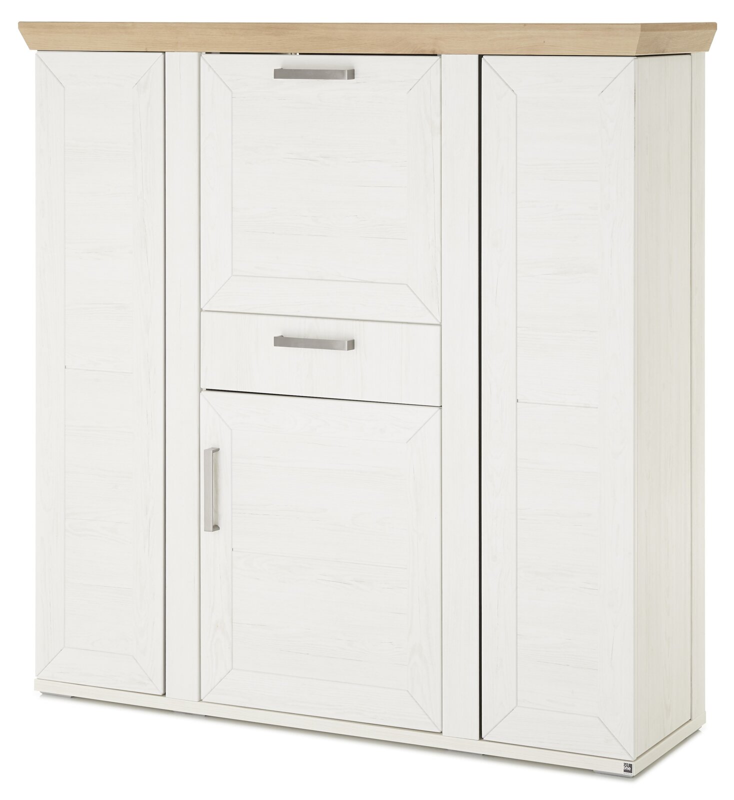 Weißes Highboard mit Holzplatte und silbernen Griffen, Frontalansicht