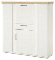 Weißes Highboard mit Holzplatte und silbernen Griffen, Frontalansicht