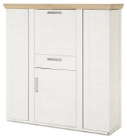 Weißes Highboard mit Holzplatte und silbernen Griffen, Frontalansicht