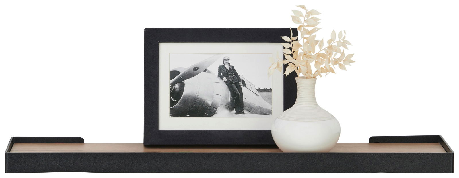 Wandboard 60cm in schwarzem Design mit einem gerahmten Foto und einer weißen Vase mit dekorativen Zweigen, frontal betrachtet.