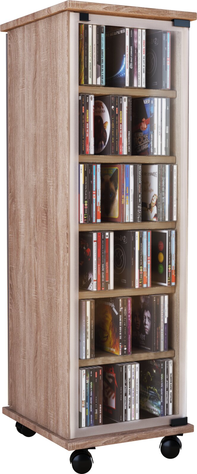 Schmaler CD-/DVD-Aufbewahrungsschrank aus Holzdekor mit mehreren Einlegeböden, gefüllt mit CDs, auf Rollen – schräg von vorne links fotografiert.