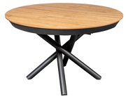 Runder Esstisch mit Holzplatte und schwarzem, gekreuztem Metallgestell, seitliche Perspektive