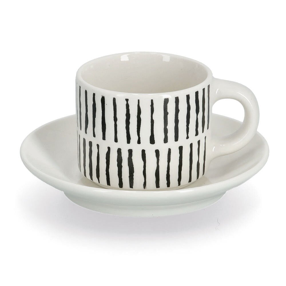 Espresso-Tasse mit Untertasse, schwarz-weiß gestreift, seitliche Perspektive