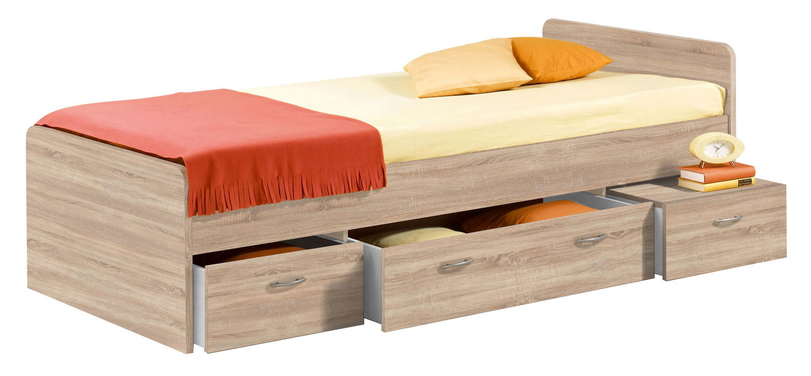 MID.YOU Jugendbett BORO Jugendbett aus Holz mit Stauraum, seitliche Perspektive, zwei Schubladen geöffnet, mit gelber Bettwäsche und orangenem Überwurf.