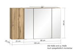 Spiegelschrank mit Holzseitenansicht, drei Spiegeltüren und LED-Leuchte von vorne betrachtet.