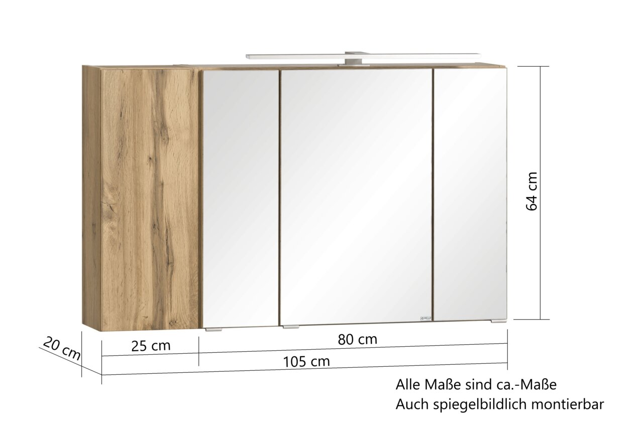 Spiegelschrank mit Holzseitenansicht, drei Spiegeltüren und LED-Leuchte von vorne betrachtet.