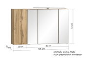 Spiegelschrank mit Holzseitenansicht, drei Spiegeltüren und LED-Leuchte von vorne betrachtet.