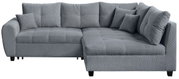 Graue Rundecke (L) mit weichem Stoffbezug, mehreren Kissen und einer modernen, gemütlichen Optik. Perspektive: Frontalansicht.