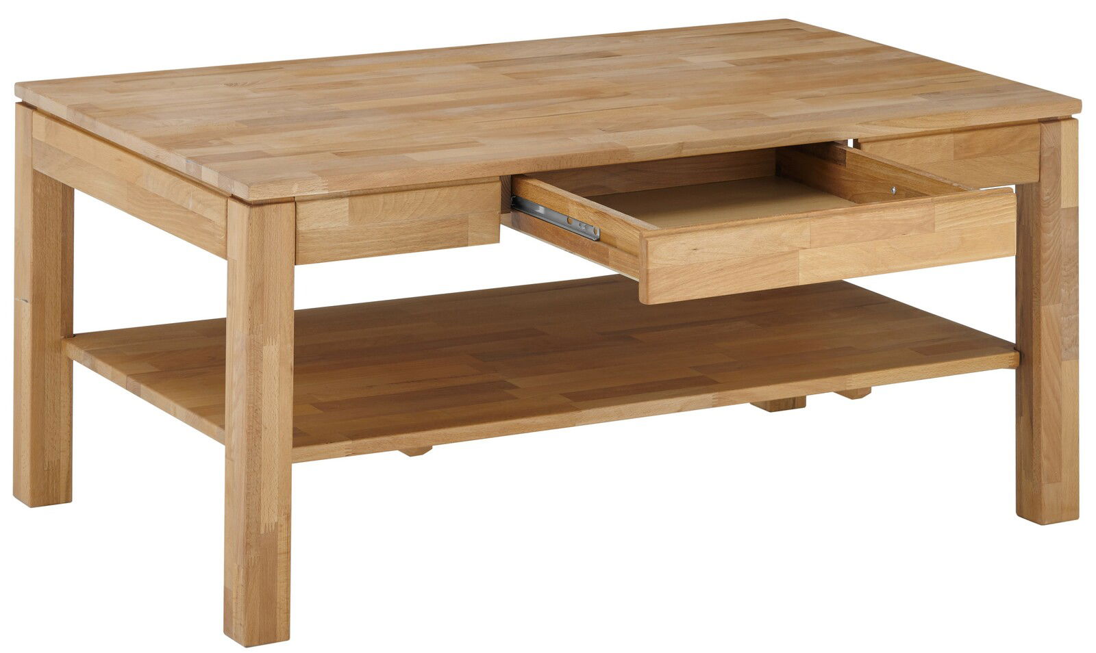 Holz-Couchtisch mit Schublade und Ablagefläche, seitliche Perspektive