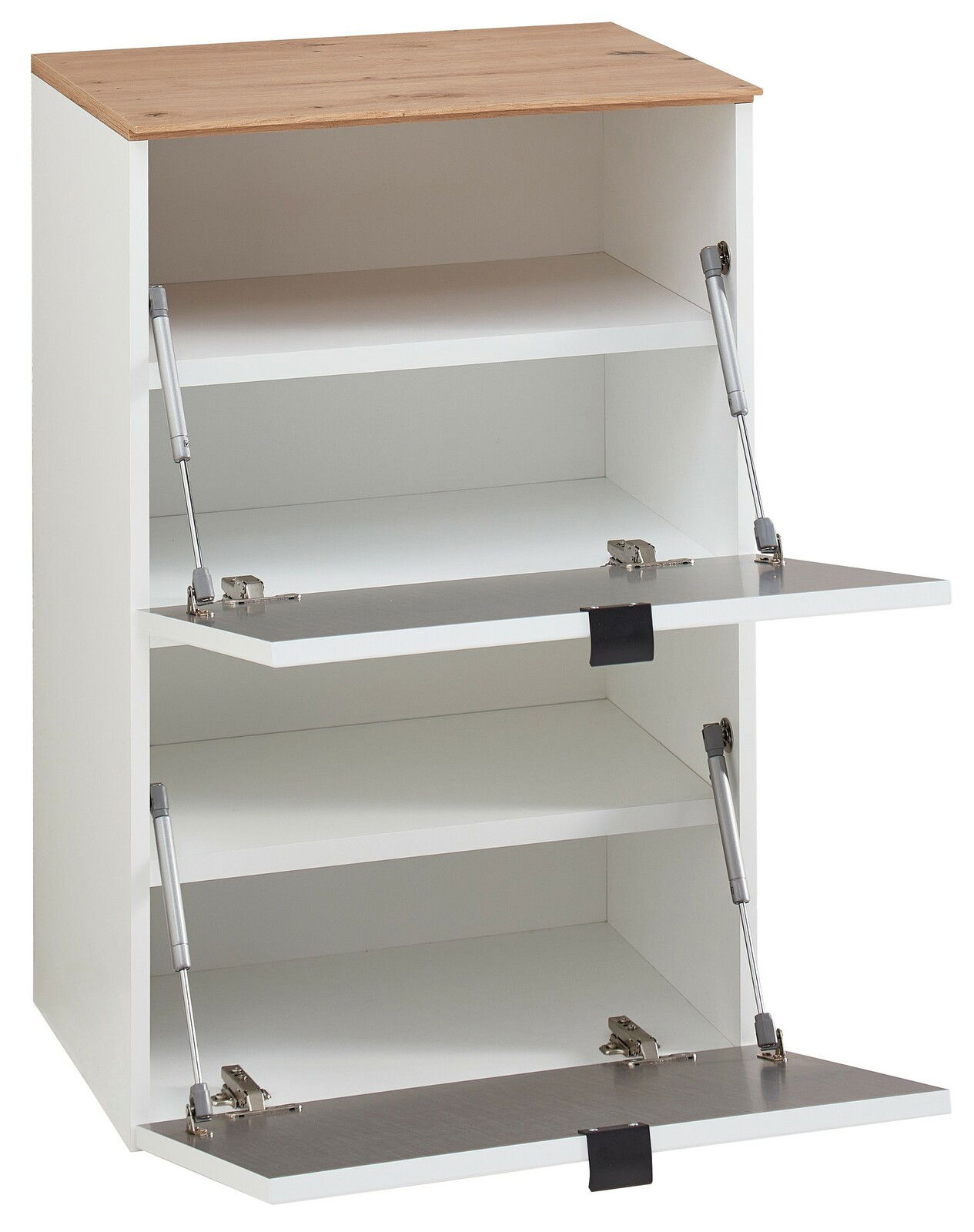 Weißes Garderoben-Set mit zwei offenen Klappen und einem Holzdeckel, seitliche Perspektive