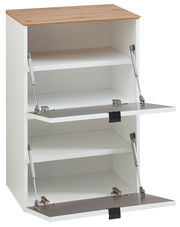 Weißes Garderoben-Set mit zwei offenen Klappen und einem Holzdeckel, seitliche Perspektive