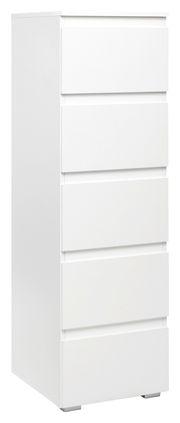 Weiße Kommode mit fünf Schubladen, seitliche Perspektive