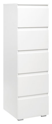 Weiße Kommode mit fünf Schubladen, seitliche Perspektive