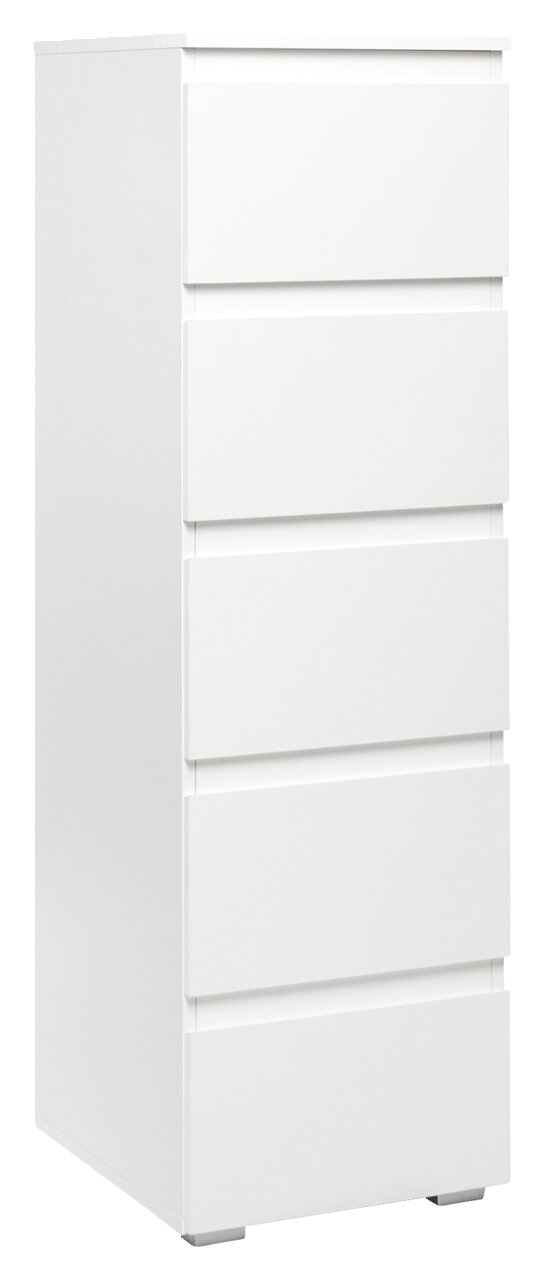 Weiße Kommode mit fünf Schubladen, seitliche Perspektive