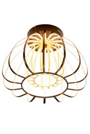 Moderne Deckenleuchte mit blütenförmigem Metallrahmen und warmweiß leuchtenden LED-Lichtbändern, von unten in leichter Untersicht vor weißem Hintergrund