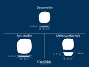 Infografik mit weißen, quadratisch abgerundeten Porzellanformen: Dessertteller (Draufsicht und Seitenansicht) Ø 21,5 cm, Höhe 2 cm; Speiseteller (Draufsicht und Seitenansicht) Ø 26 cm, Höhe 2 cm; Mehrzweckschale (Draufsicht und Seitenansicht) Ø 20 cm, Höh