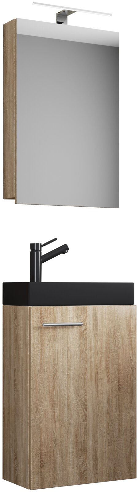Modernes Badezimmer-Waschtisch-Set mit Spiegelschrank und LED-Aufsatzleuchte, Unterschrank in heller Eichenoptik, schwarzes Aufsatzwaschbecken mit schwarzer Armatur; Produktansicht leicht schräg von vorn.