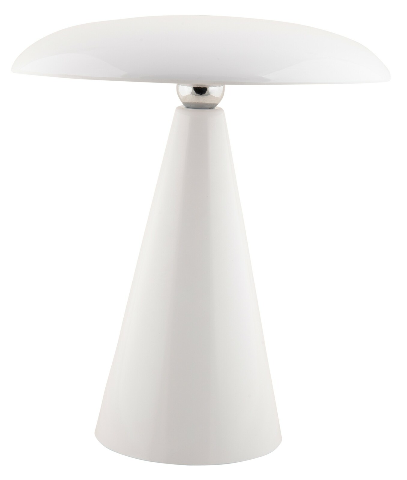 Moderne LED Akku Tischleuchte in Weiß, konische Form mit rundem Schirm, Frontalansicht