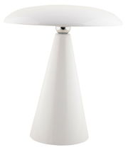 Moderne LED Akku Tischleuchte in Weiß, konische Form mit rundem Schirm, Frontalansicht