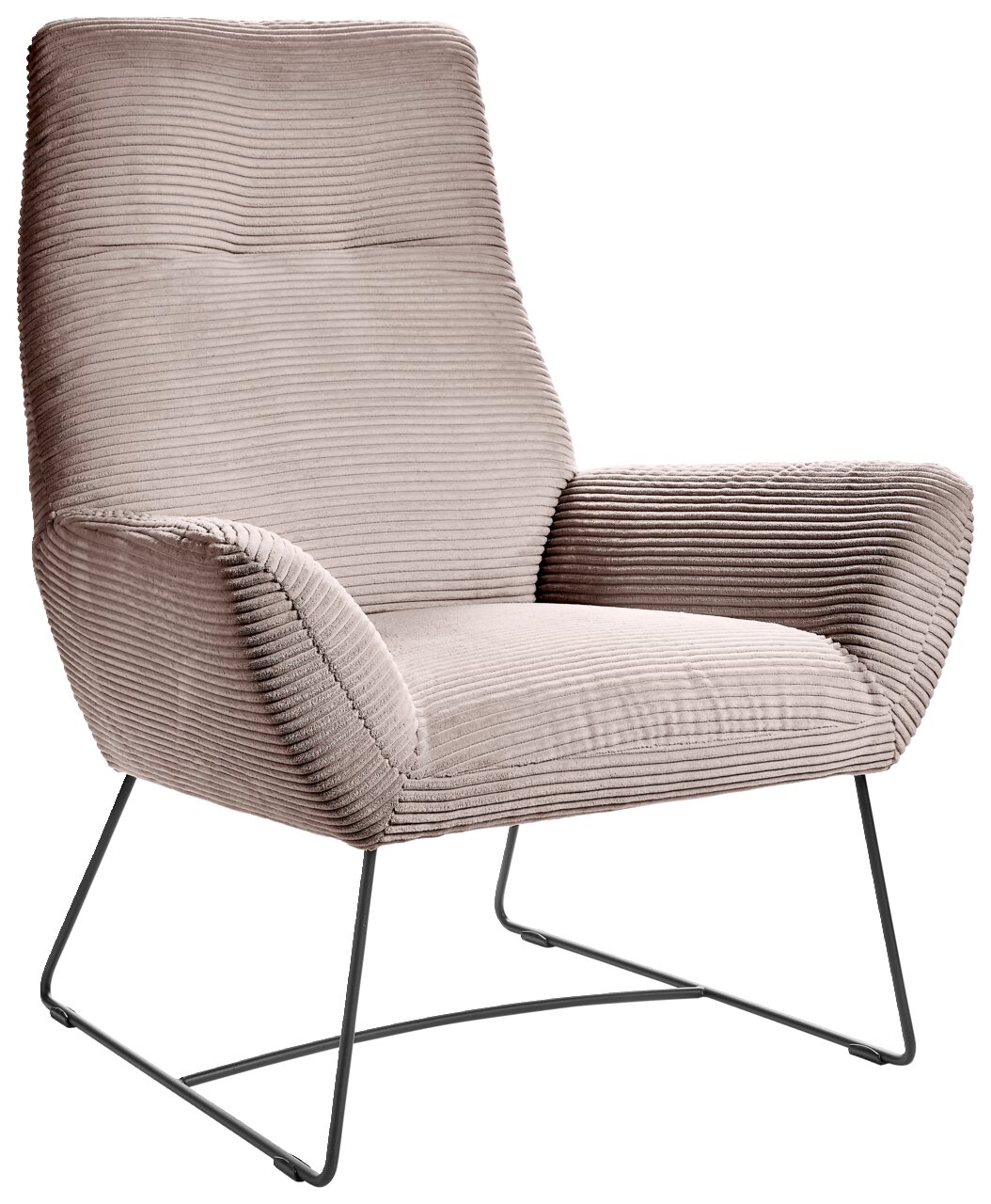 Moderner Sessel mit geripptem Stoffbezug und Metallgestell, seitliche Perspektive