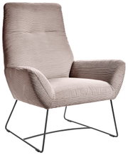 Moderner Sessel mit geripptem Stoffbezug und Metallgestell, seitliche Perspektive
