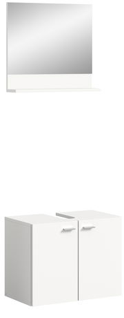 Moderne Badkombination mit großem Spiegel und zwei weißen Unterschränken, seitliche Perspektive