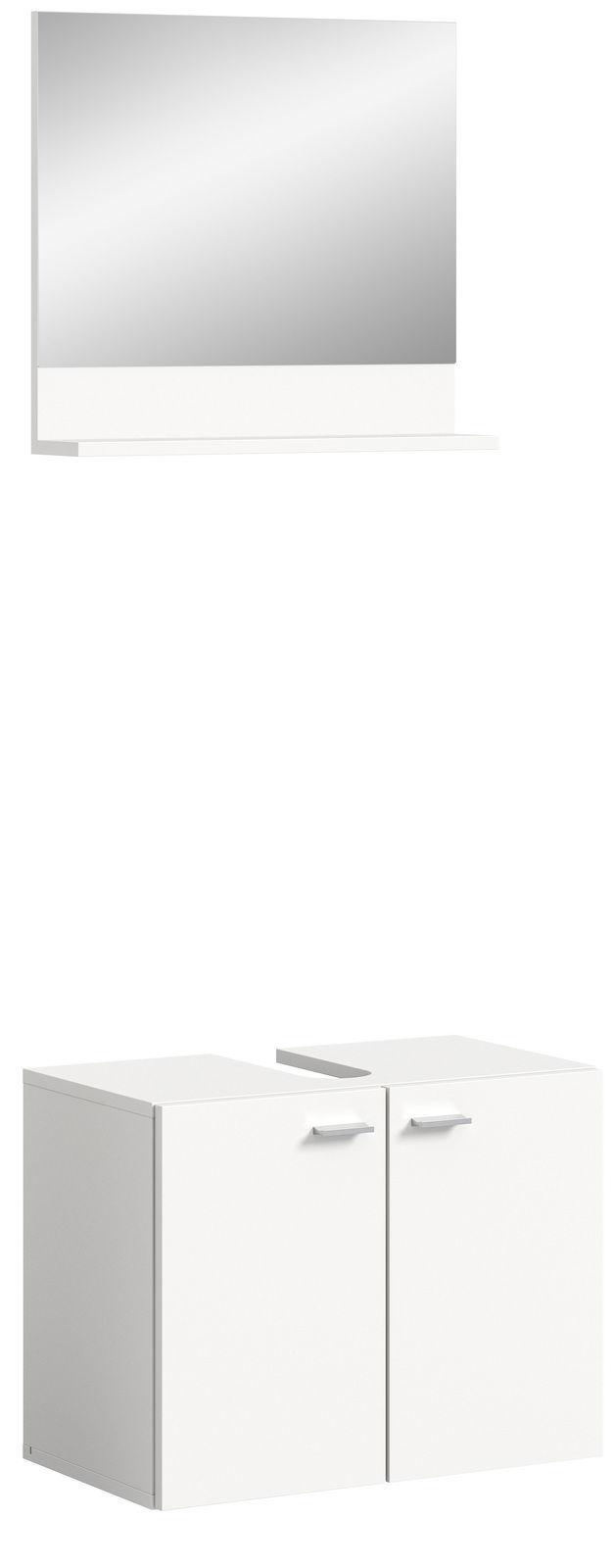 Moderne Badkombination mit großem Spiegel und zwei weißen Unterschränken, seitliche Perspektive