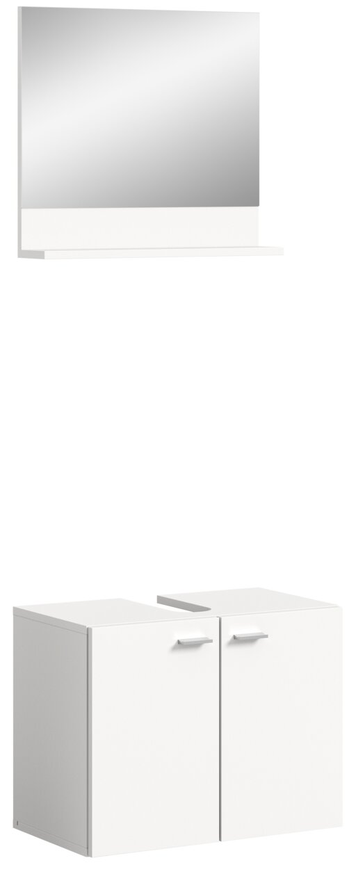 MID.YOU Badkombination BOSTON Moderne Badkombination mit großem Spiegel und zwei weißen Unterschränken, seitliche Perspektive