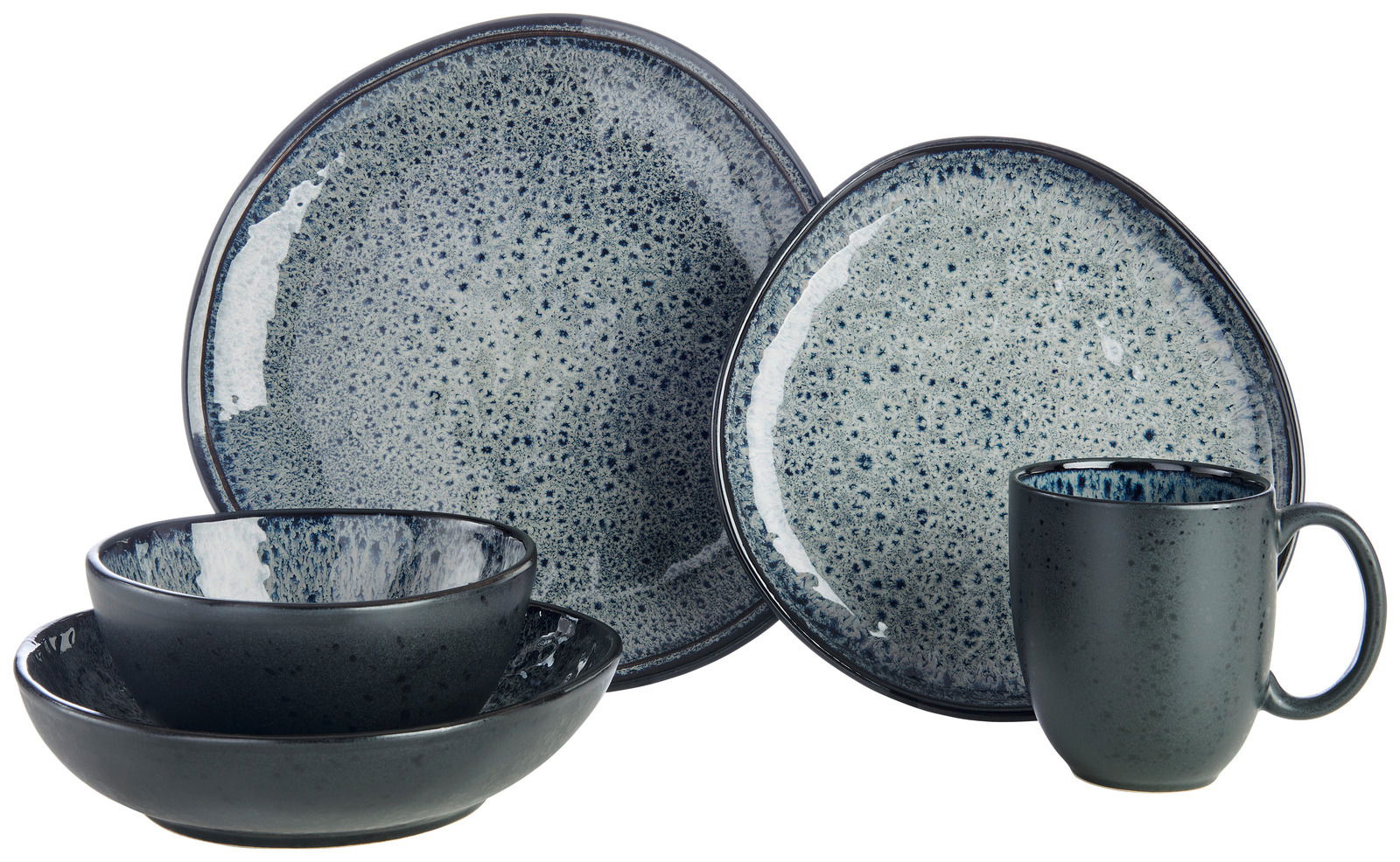 Kombiservice 10-tlg. in moderner Keramikoptik, bestehend aus Tellern, Schalen und einer Tasse, in einer stilvollen, gesprenkelten blauen und grauen Farbgebung. Frontale Ansicht.