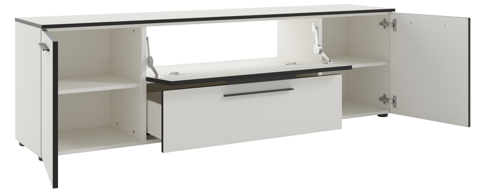Weißes TV-Lowboard mit offenen Türen und Schublade, seitliche Perspektive