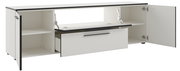 Weißes TV-Lowboard mit offenen Türen und Schublade, seitliche Perspektive