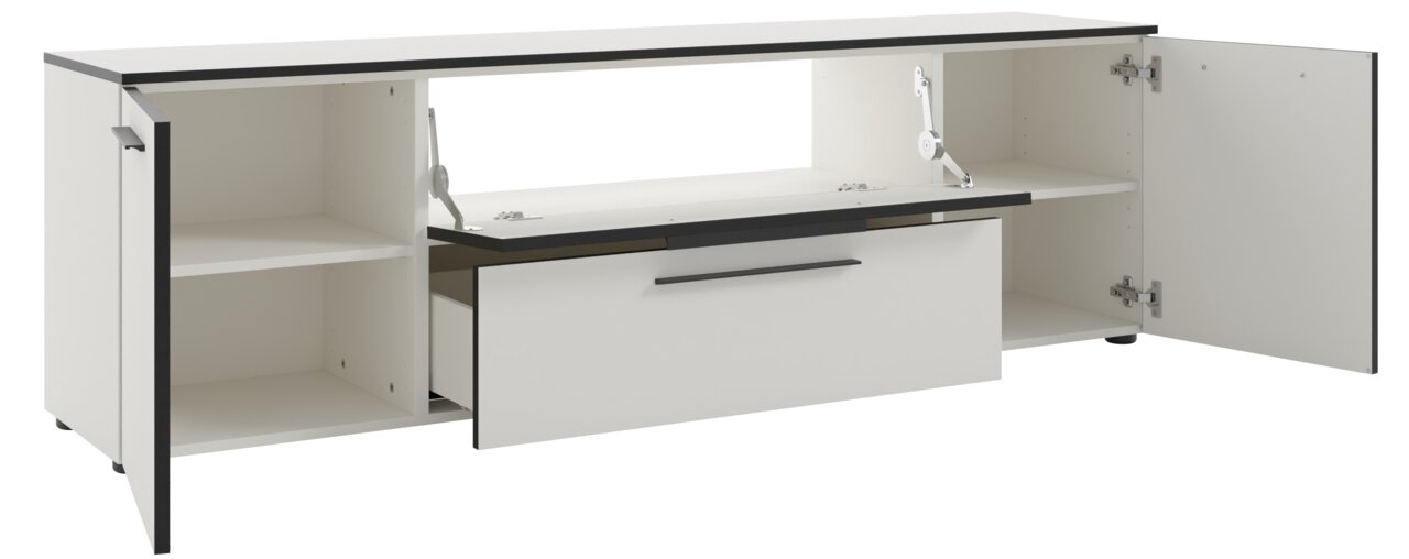 Weißes TV-Lowboard mit offenen Türen und Schublade, seitliche Perspektive
