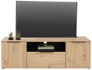 TV-Lowboard aus Holz mit zwei Türen und einem offenen Fach, darauf steht ein großer Flachbildfernseher und zwei kleine Pflanzen in Gläsern, frontale Perspektive