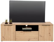 Houten tv-kast met twee deuren en een open vak, met daarop een grote flatscreen-tv en twee kleine plantjes in glazen potten, vooraanzicht