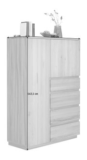 Hochschrank aus Holz mit drei Schubladen und einer Tür, dekoriert mit Büchern und einer Vase, seitliche Perspektive