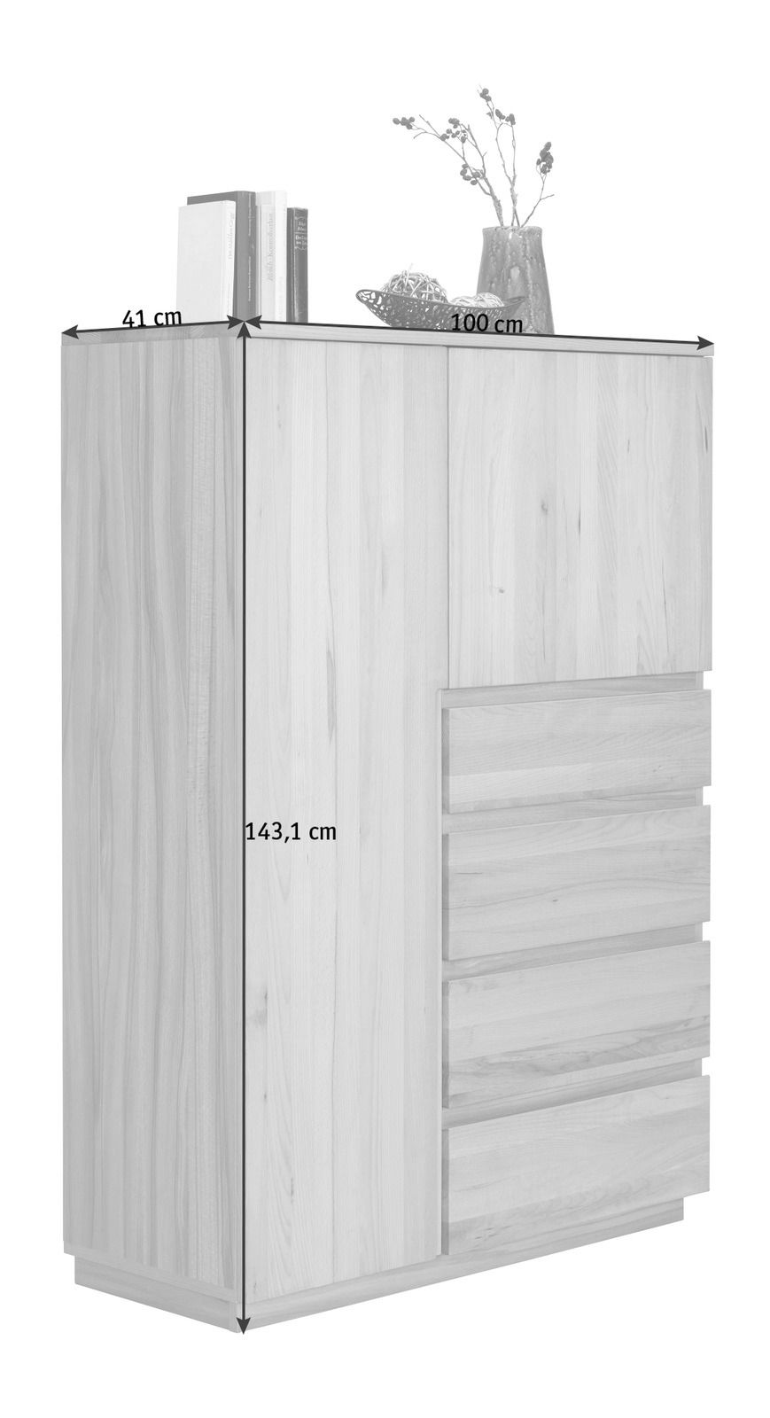 Hochschrank aus Holz mit drei Schubladen und einer Tür, dekoriert mit Büchern und einer Vase, seitliche Perspektive