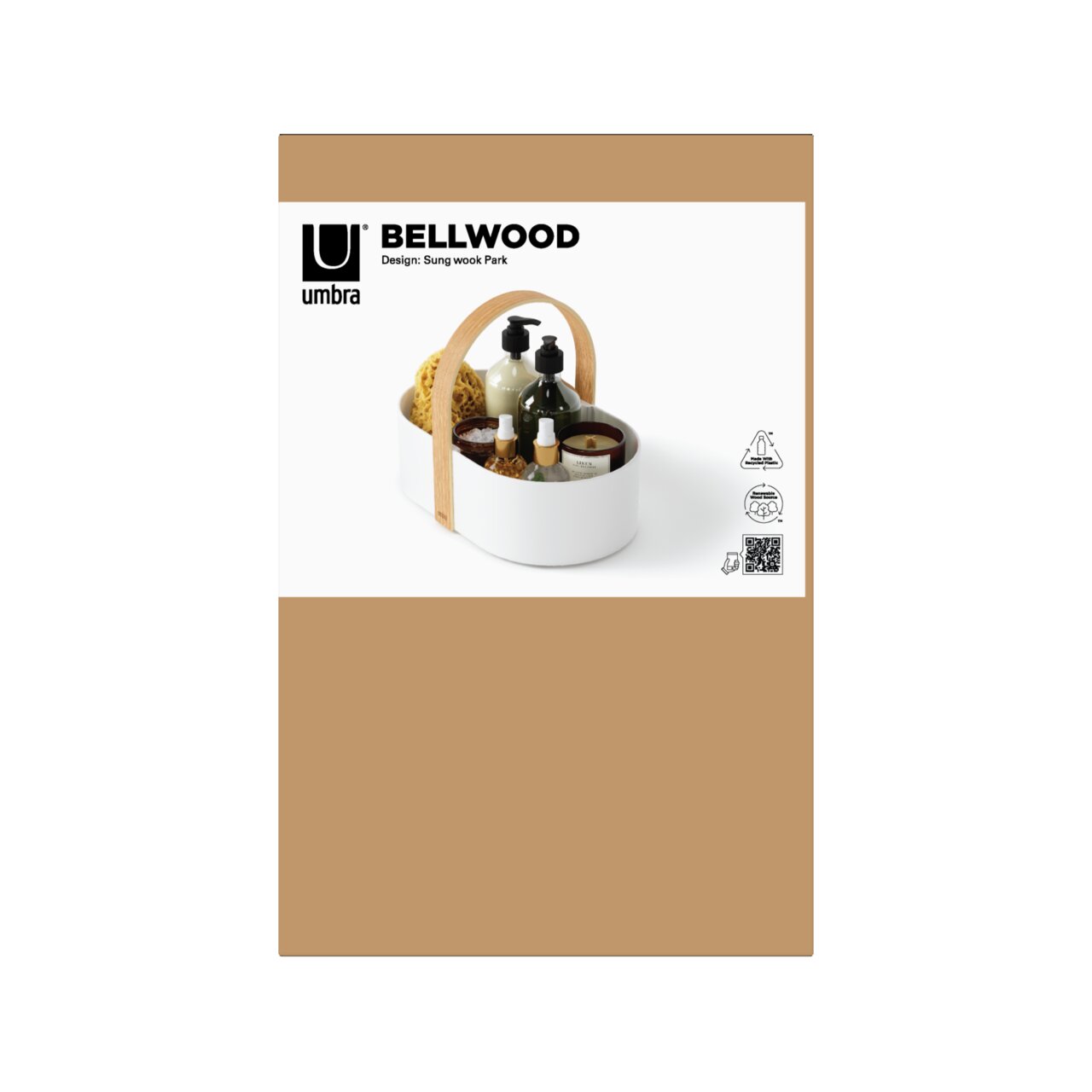 Bellwood Caddy in Weiß und Naturholzoptik, gefüllt mit Pflegeprodukten, aus der Frontalperspektive.