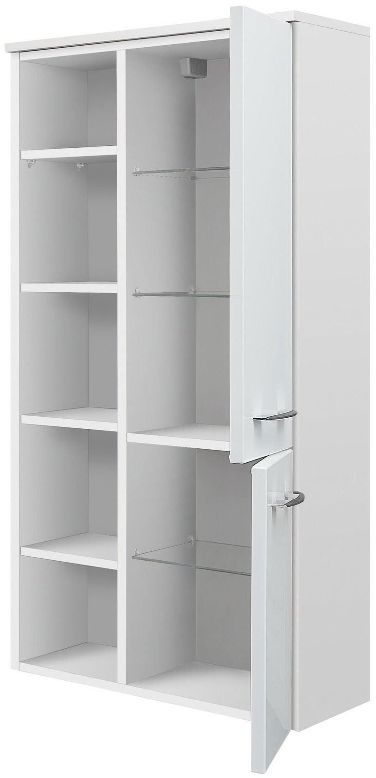 Sadena Midischrank PLAKA Weißer Midischrank mit offenen Türen, zeigt mehrere Regalböden aus Holz und Glas, perspektivisch von vorne rechts.