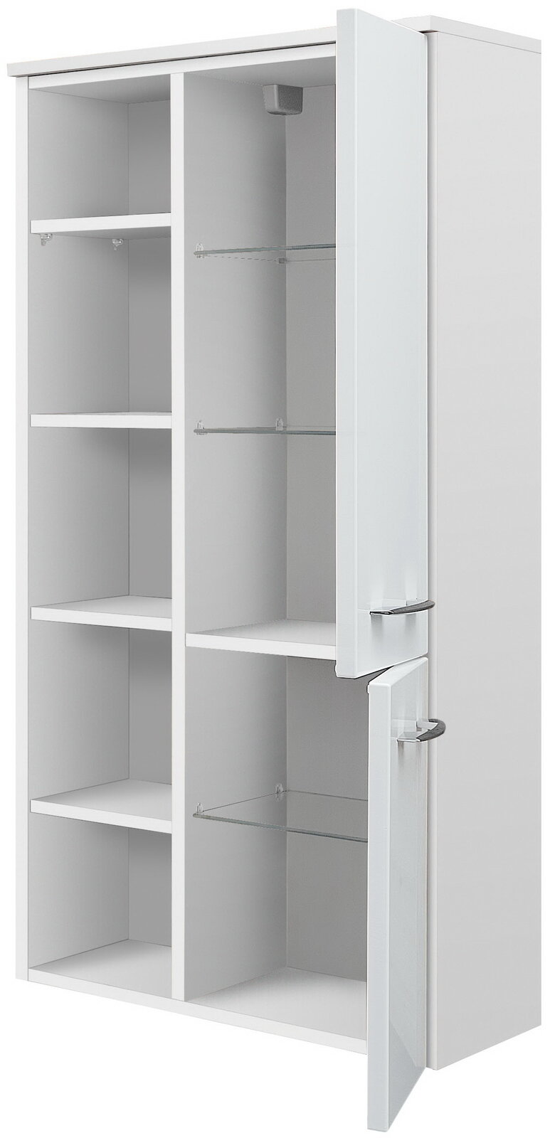 Sadena Midischrank PLAKA Weißer Midischrank mit offenen Türen, zeigt mehrere Regalböden aus Holz und Glas, perspektivisch von vorne rechts.