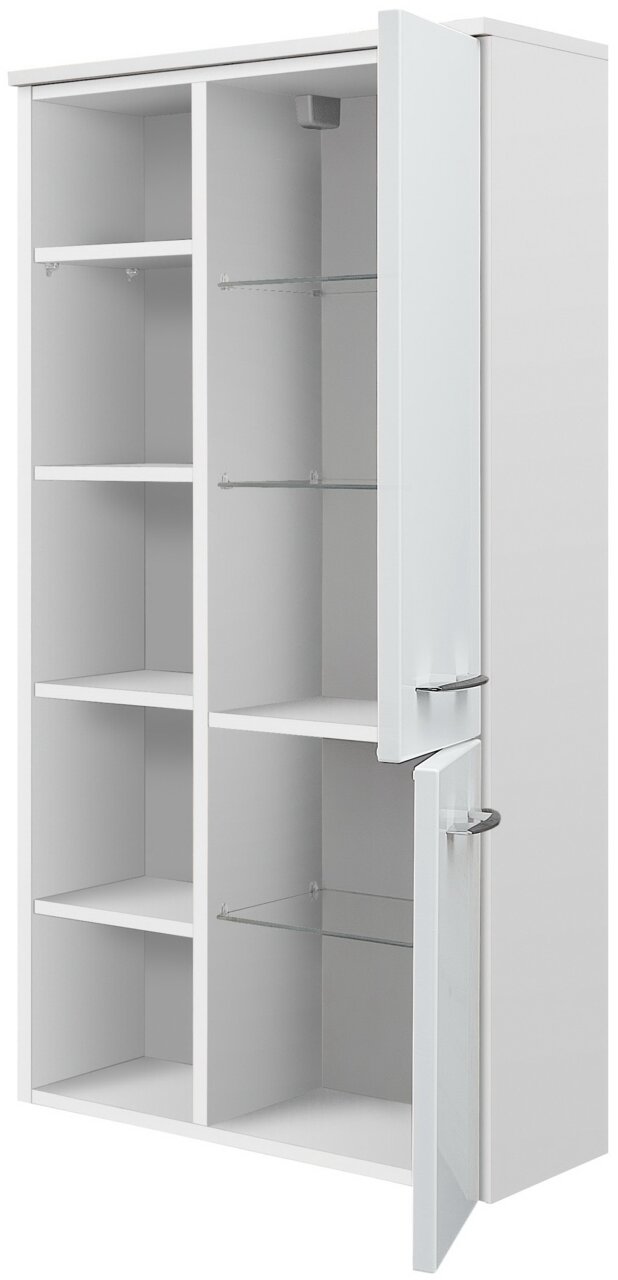 Sadena Midischrank PLAKA Weißer Midischrank mit offenen Türen, zeigt mehrere Regalböden aus Holz und Glas, perspektivisch von vorne rechts.