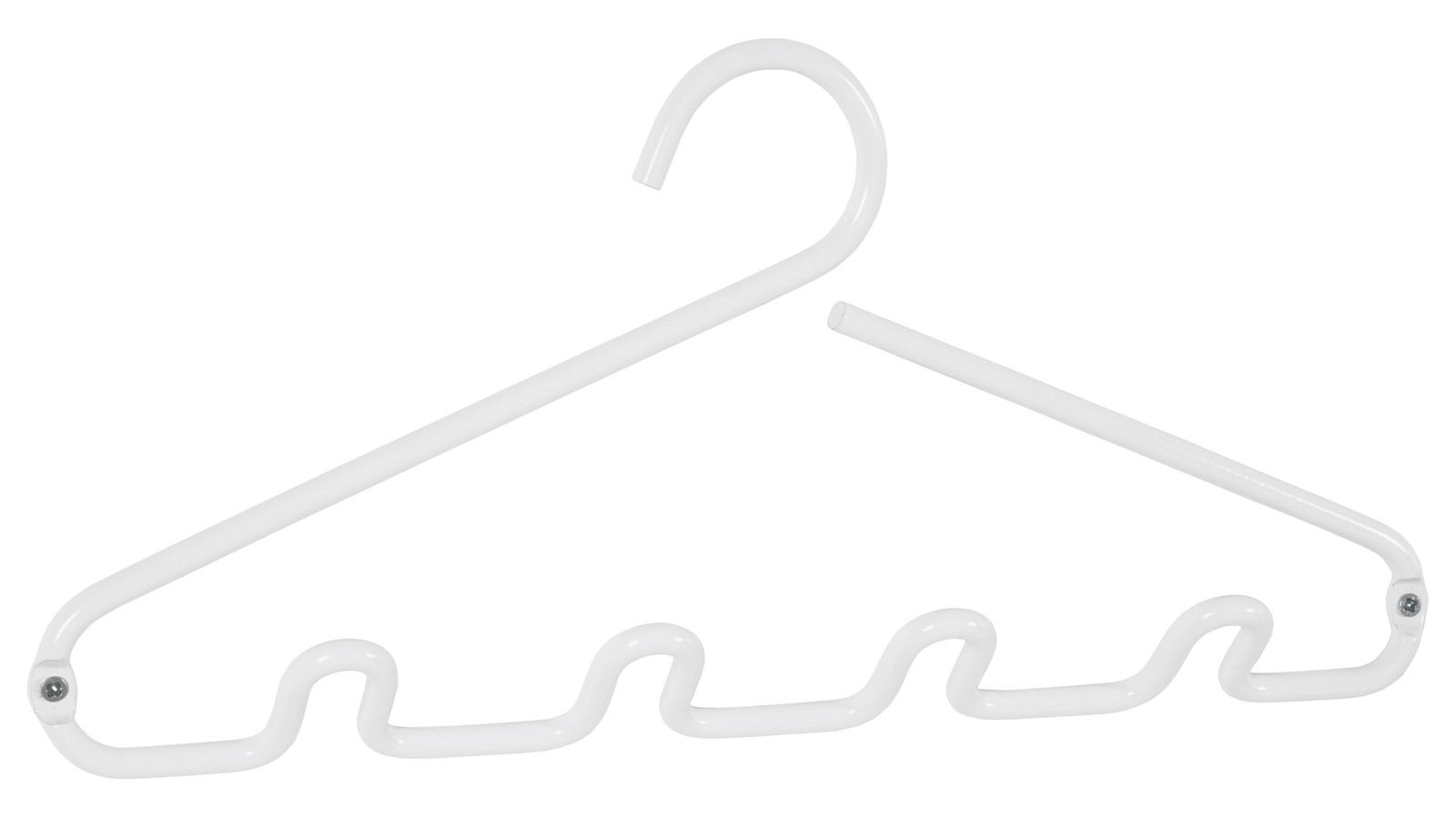 Weiße Garderobenleiste aus Metall mit Haken und wellenförmigen Halterungen, seitliche Perspektive