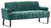 Grüne 2,5er-Sitzbank mit vertikalen Steppnähten und schwarzen Metallbeinen, seitliche Perspektive