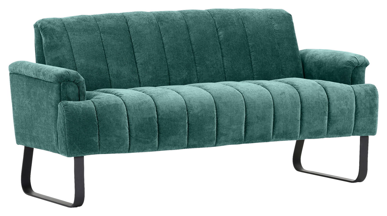 Novel 2,5er-Sitzbank LAILA Grüne 2,5er-Sitzbank mit vertikalen Steppnähten und schwarzen Metallbeinen, seitliche Perspektive