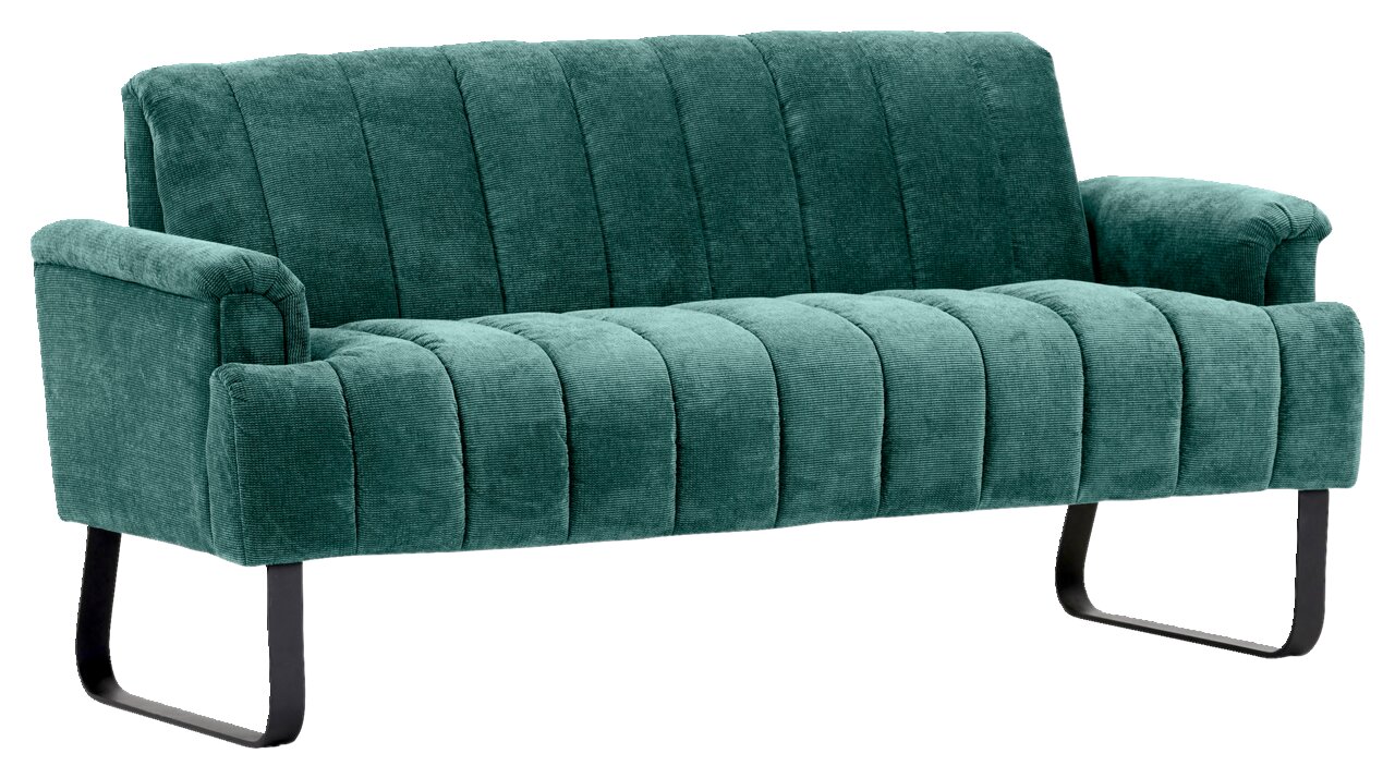 Grüne 2,5er-Sitzbank mit vertikalen Steppnähten und schwarzen Metallbeinen, seitliche Perspektive