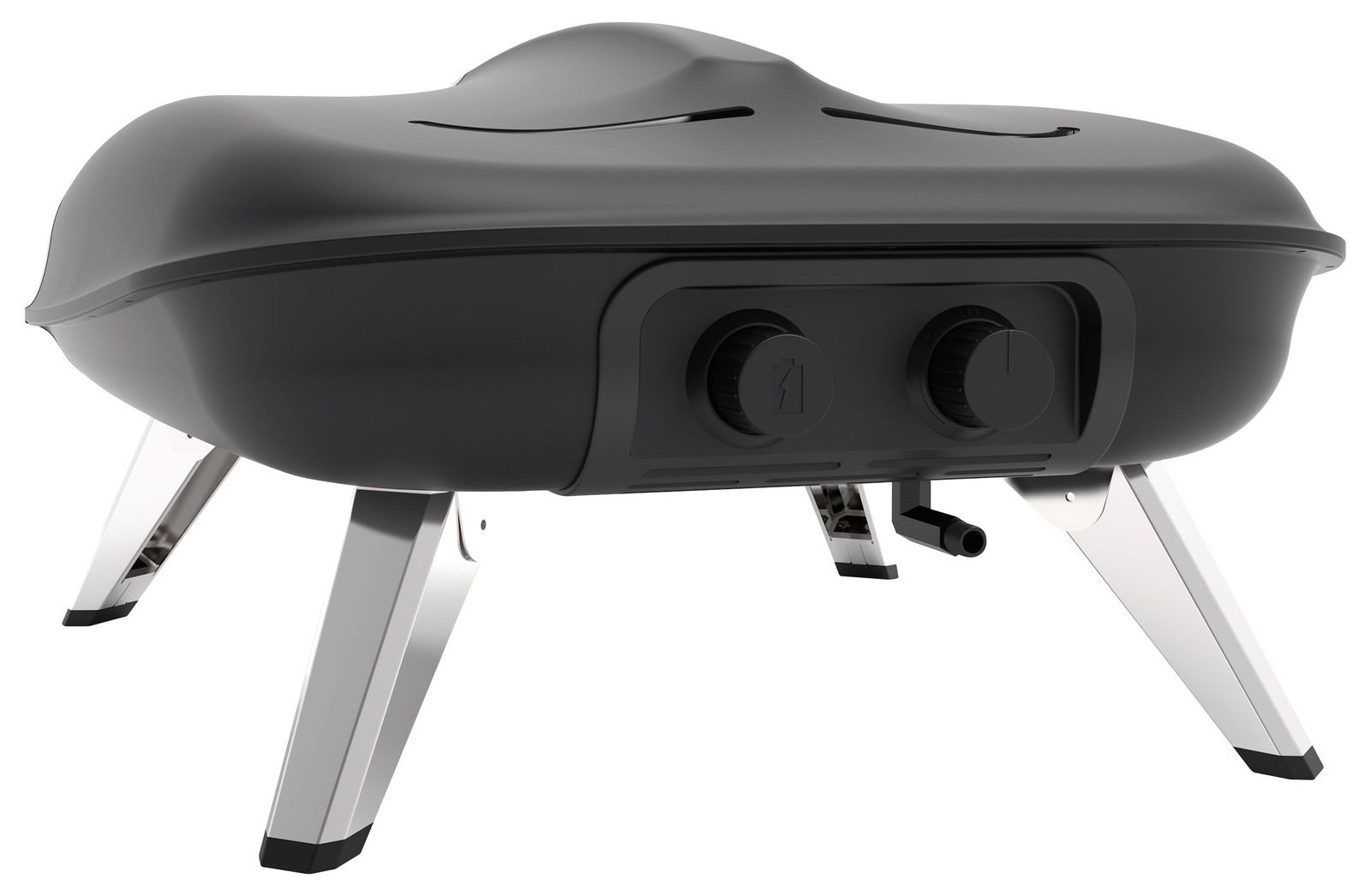 Moderner Gas-Pizzaofen mit schwarzem Gehäuse und silbernen Standfüßen, seitliche Perspektive